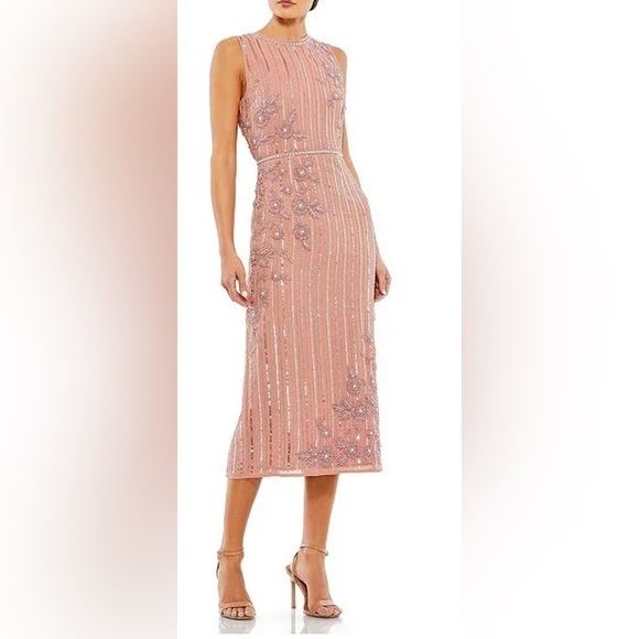 NWT Mac Duggal Sleeveless Floral Beaded Striped Sequin Sheath Midi‎ Dress